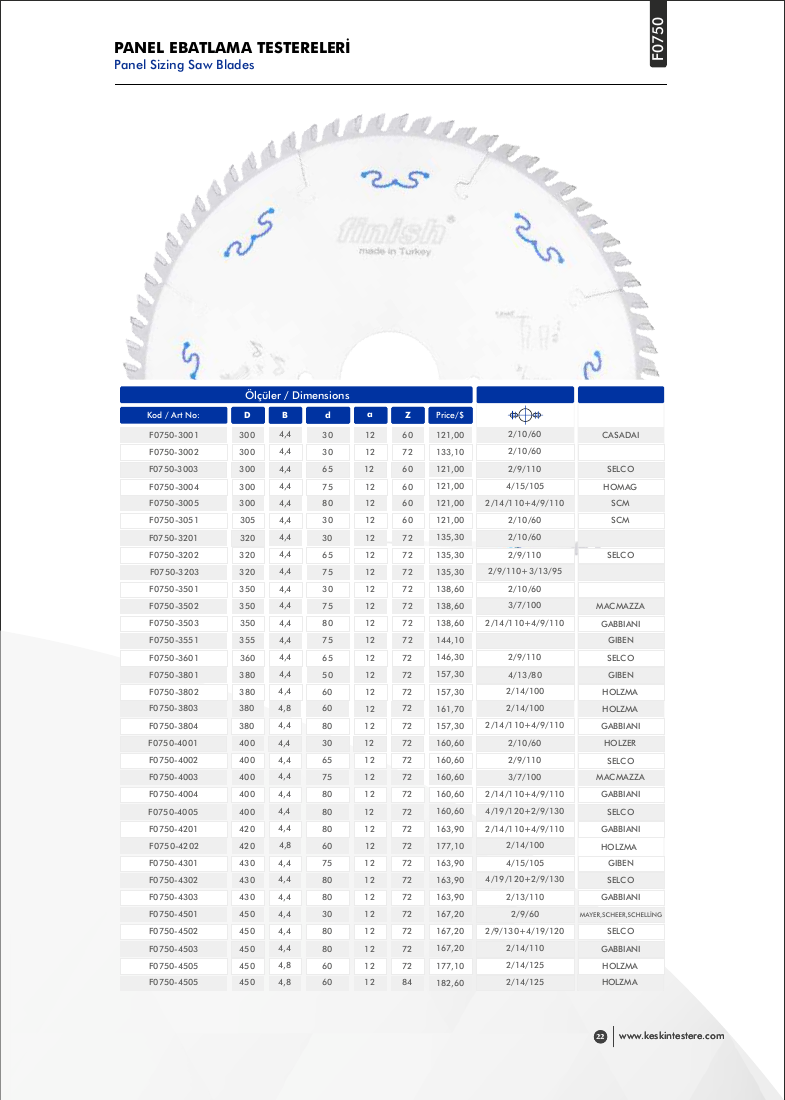 PANEL EBATLAMA TESTERELERİ - F0750