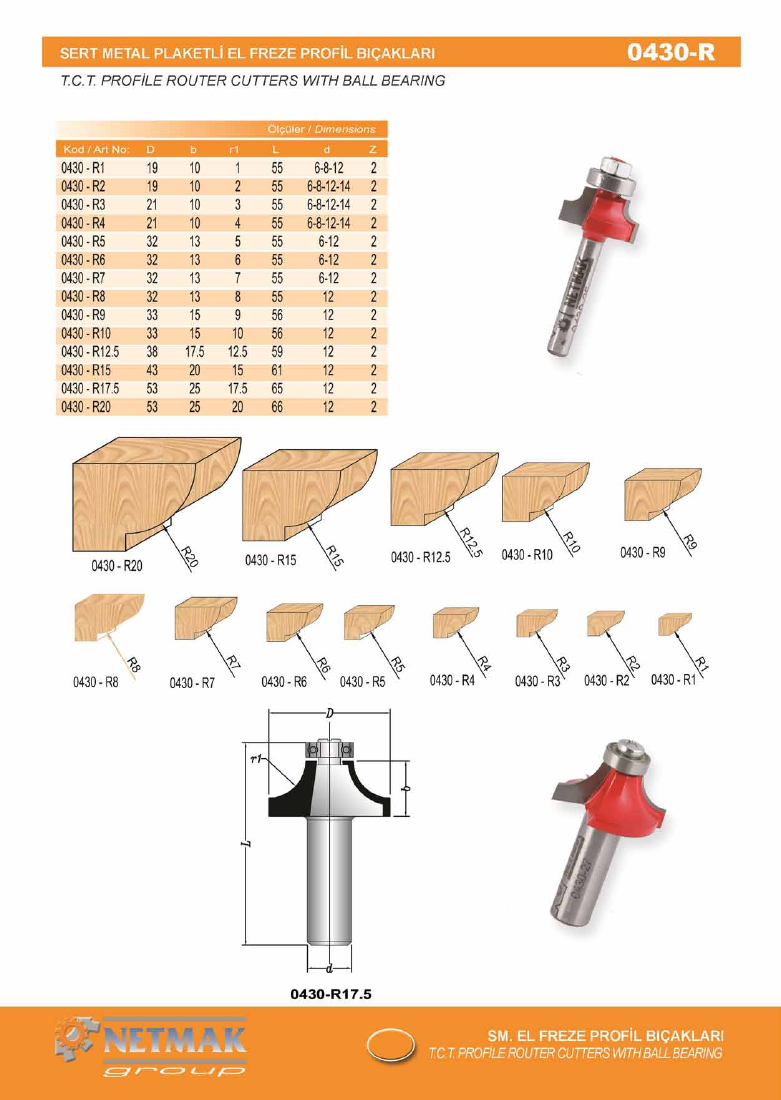 SERT METAL PLAKETLİ EL FREZE PROFİL BIÇAKLARI 0430-R - M30-R15